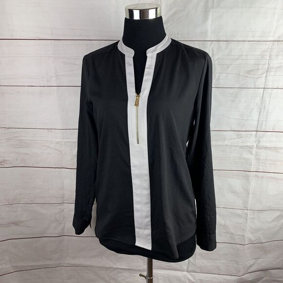 Calvin Klein XS Office Work Career Blouse Roll-up Sleeves Black White Gold Zip - Picture 1 of 16